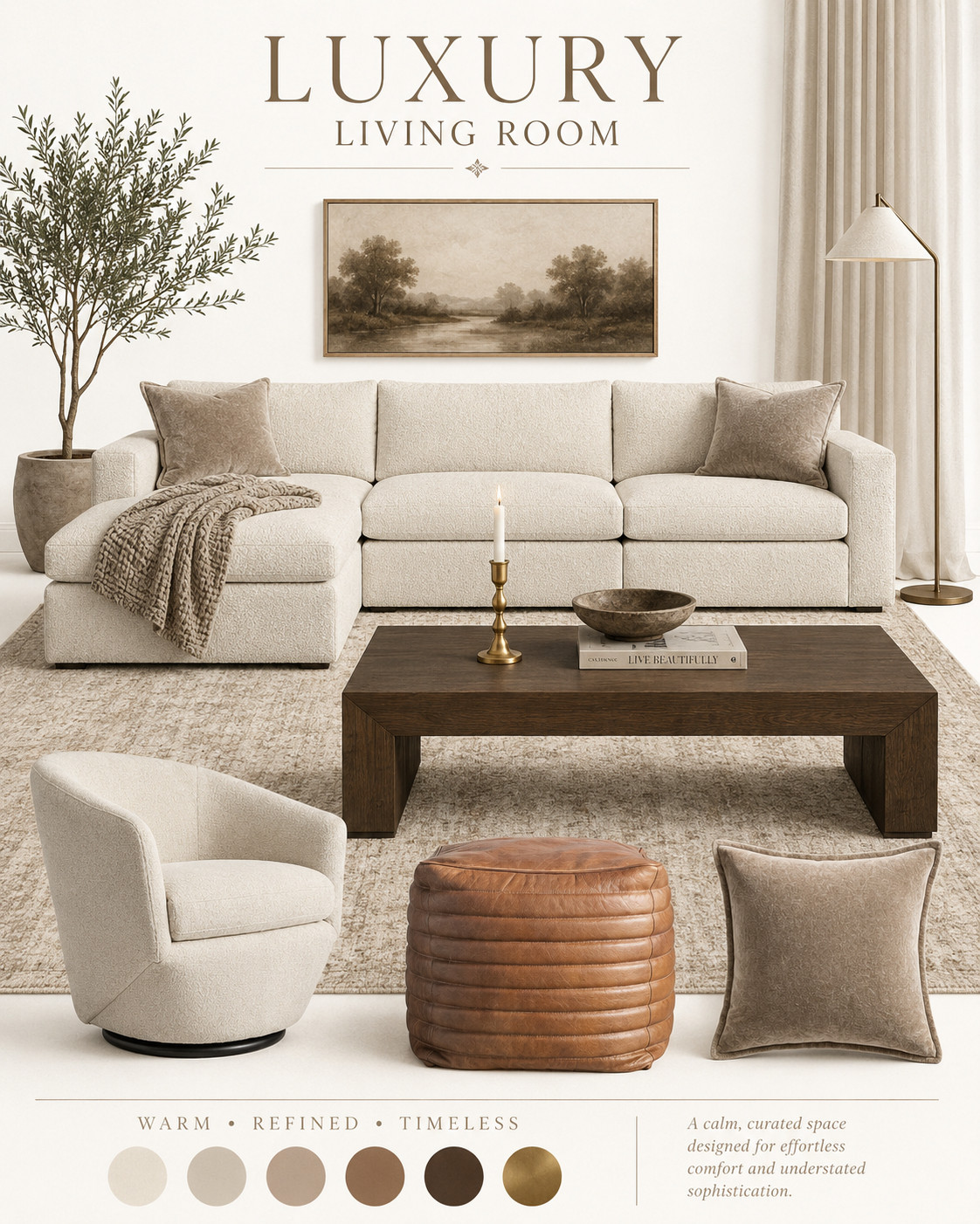 Warm, refined, and timeless 🤎 This neutral living room is all about cozy textures, soft cream tones, rich wood accents, and effortless luxury. Perfect for creating a calm, elevated space that feels both beautiful and lived-in.


luxury living room, neutral living room decor, cozy home decor, cream sofa, modern classic living room, warm neutral decor, timeless home style, brass floor lamp, dark wood coffee table, textured rug, leather pouf, elegant living room ideas

#LuxuryLivingRoom #NeutralHomeDecor #CozyLivingRoom #ModernClassicHome #TimelessDecor #WarmNeutralStyle #HomeDecorIdeas #LivingRoomInspo 

 #LTKOver40 #LTKHome #LTKSaleAlert