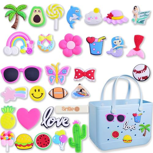 KJML DIY Charms for Bogg Bag 30pcs Charms for Bogg Bag Accessories Letters Flowers Baseball Beach Charms for Bogg Bag Cute Decoration Bag Charms for Bogg Bag Rubber Tote Beach Bags | Amazon (US)