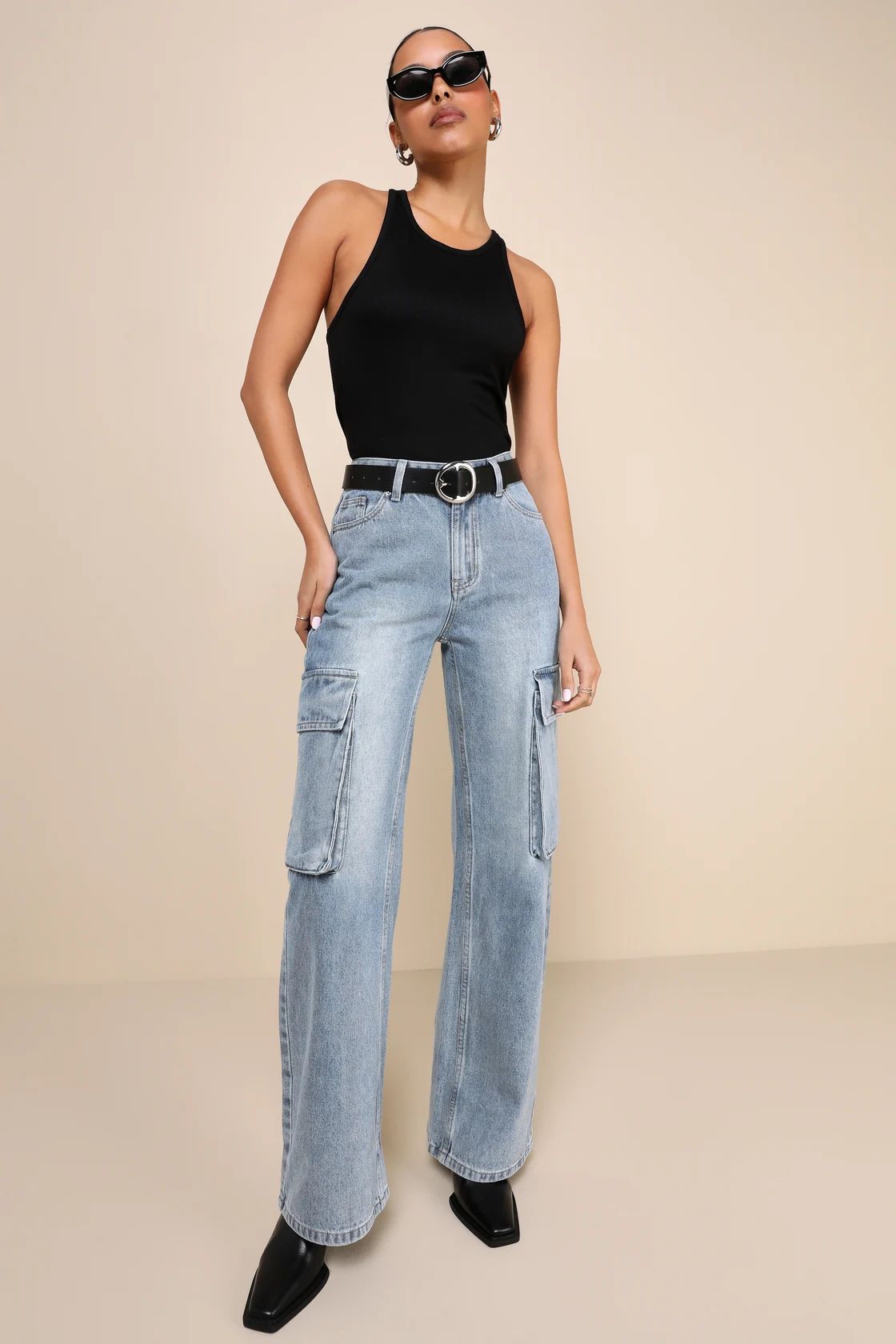 Icon Time Medium Wash Denim High-Rise Wide-Leg Cargo Jeans | Lulus