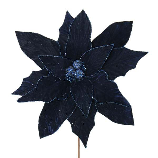 Dark Blue Velvet Poinsettia Pick, 24" | At Home