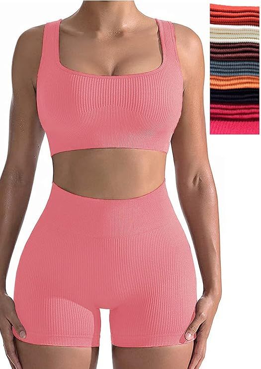 Workout Sets for Women, Seamless Crop Tops Leggings Matching 2 Pieces Outfits, Sexy Two Piece Yog... | Amazon (US)