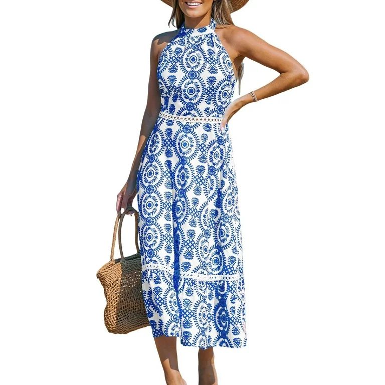 CUPSHE Women's Midi Dress Blue & White Ornate Halterneck Sleeveless Summer Dress - Walmart.com | Walmart (US)