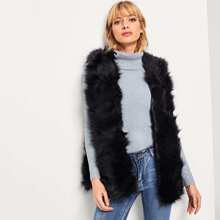Open Front Faux Fur Shell Coat | SHEIN