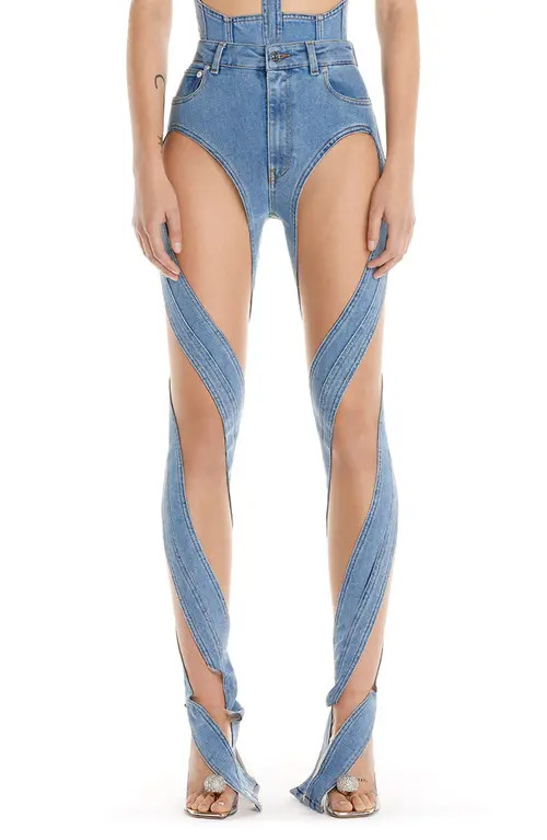 MUGLER Illusion Cutout Spiral Skinny Jeans in B6401 Medium Blue /Nude 01 at Nordstrom, Size 8 Us | Nordstrom