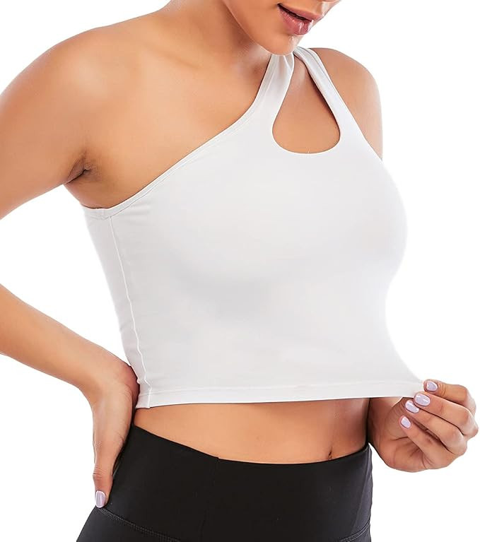 FOCUSSEXY Women's One Shoulder Sports Bra Removable Pads One Strap Sleeveless Crop Top Wirefree S... | Amazon (US)