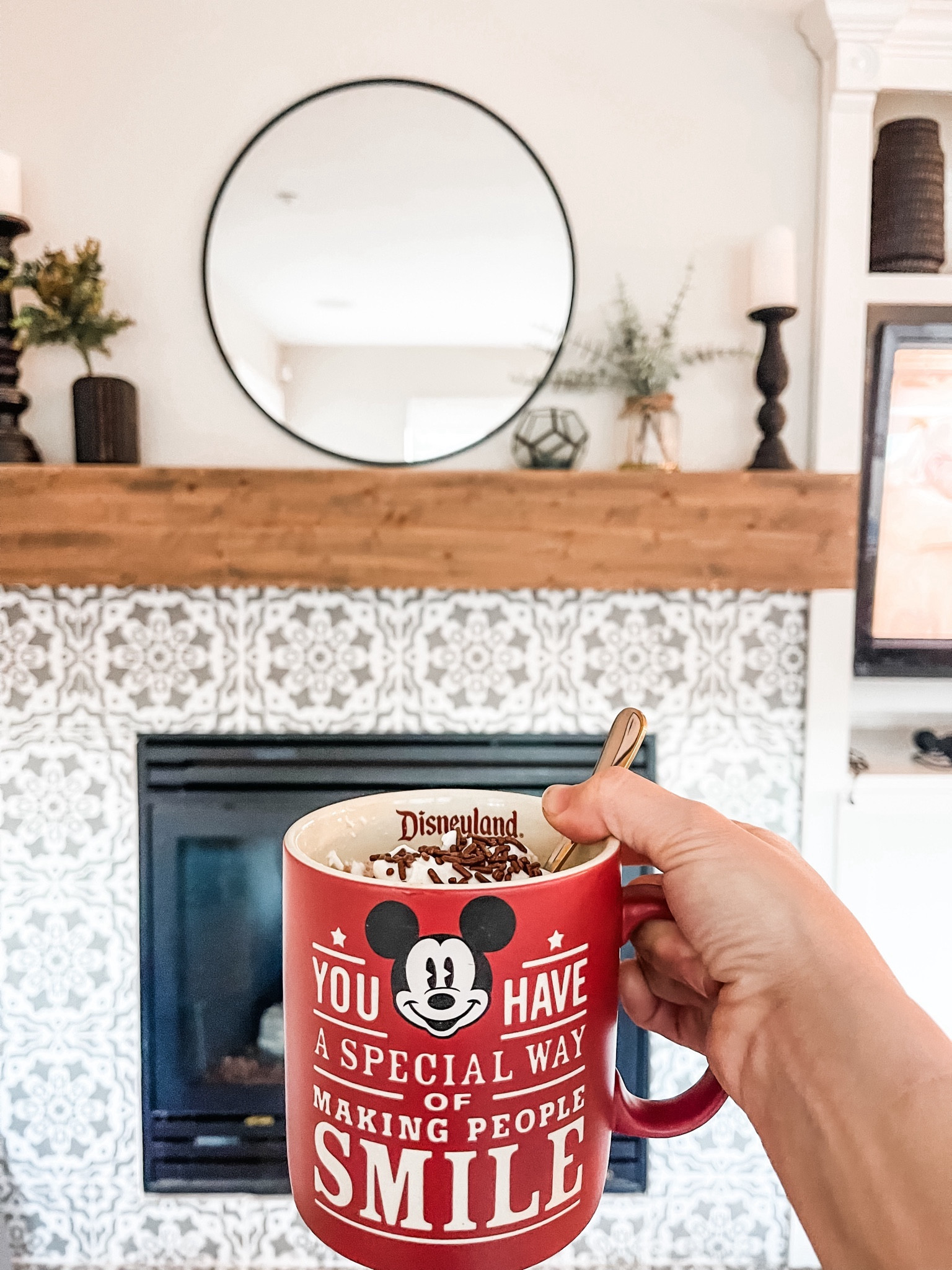 Mantel decor

DIY stenciled tile for my fireplace.
DIY wood mantle

You can have a fireplace like this too!

Though I custom built my own mantel, they now sell
Kits on Amazon! 
