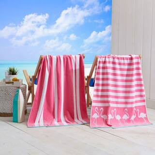 Pink/White Flamingo and Stripe 2-Pack 100% Cotton Printed Beach Towel | The Home Depot