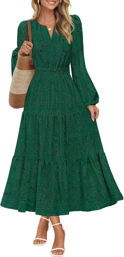 MEROKEETY Women's Fall Long Sleeve Floral Maxi Dress Lace Eyelet Hollow Out Tiered Boho Wedding G... | Amazon (US)