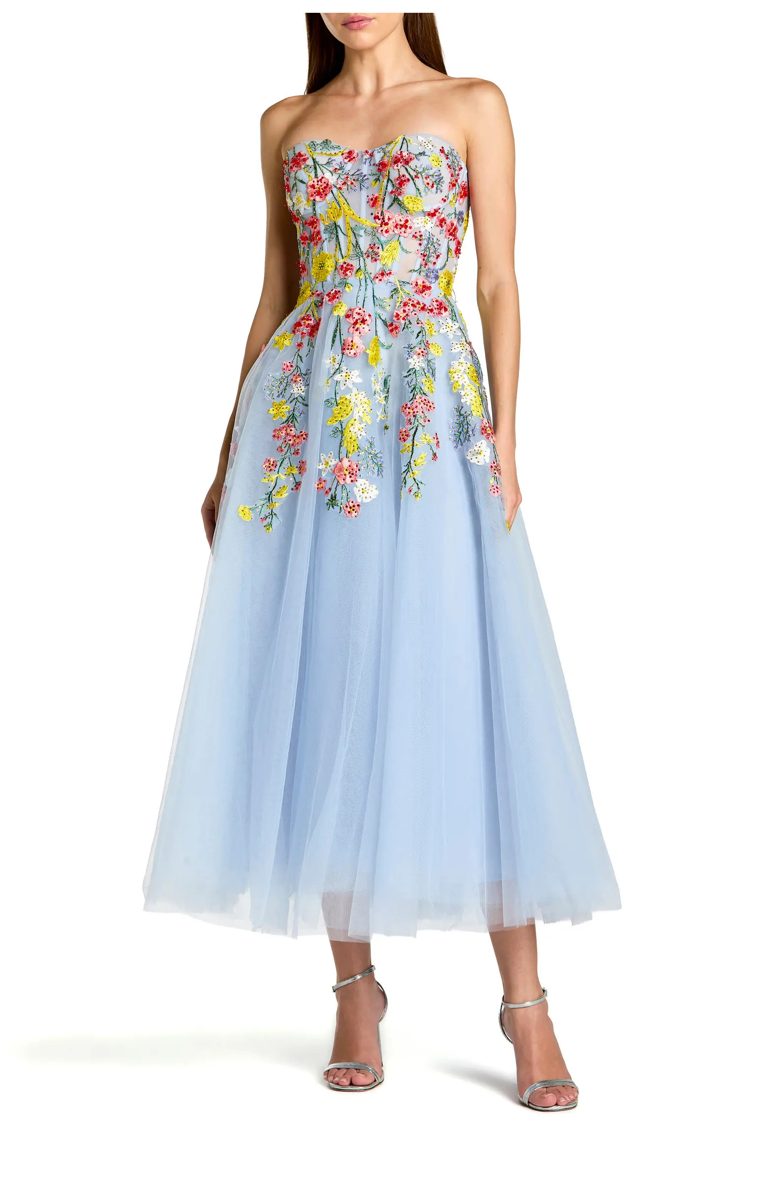 Strapless Floral Embroidered A-Line Midi Dress | Nordstrom