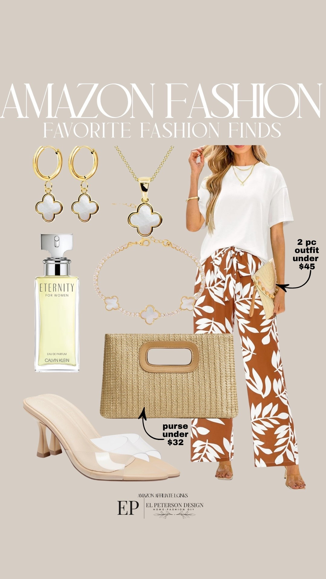Amazon 
2 pc outfit 
Necklace
Earrings
Bracelet
Perfume
Purse
Heels