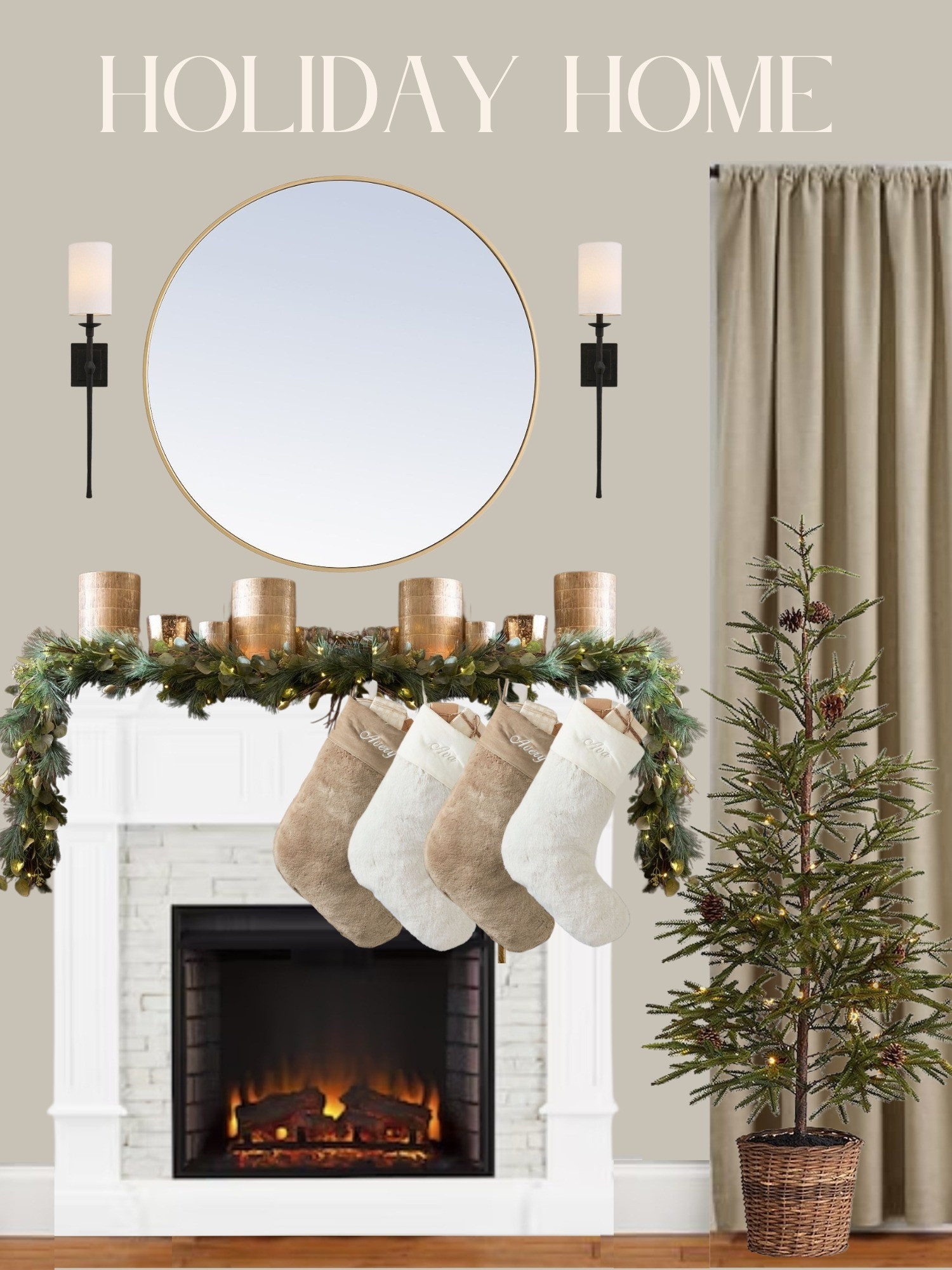 HOLIDAY HOME MAGIC ✨🏠Neutral Christmas vibes, cozy fireplace glow, gold accents, and the fluffiest stockings — this is your sign to decorate early! The garland, mirror, sconces, and mini tree are all linked for an elevated but timeless look. 🎄🤎Tap to shop the exact pieces and get the look!Hashtags:#HolidayHome #NeutralChristmasDecor #CozyHomeVibes#StockingDecor #GarlandStyling #FireplaceDecor #ChristmasAesthetic #HolidayMantel

#LTKHoliday #LTKCyberWeek #LTKHome