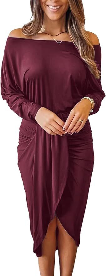 PRETTYGARDEN Women's Ruched Midi Dress Off Shoulder Long Sleeve Asymmetrical Draped Wrap Bodycon ... | Amazon (US)
