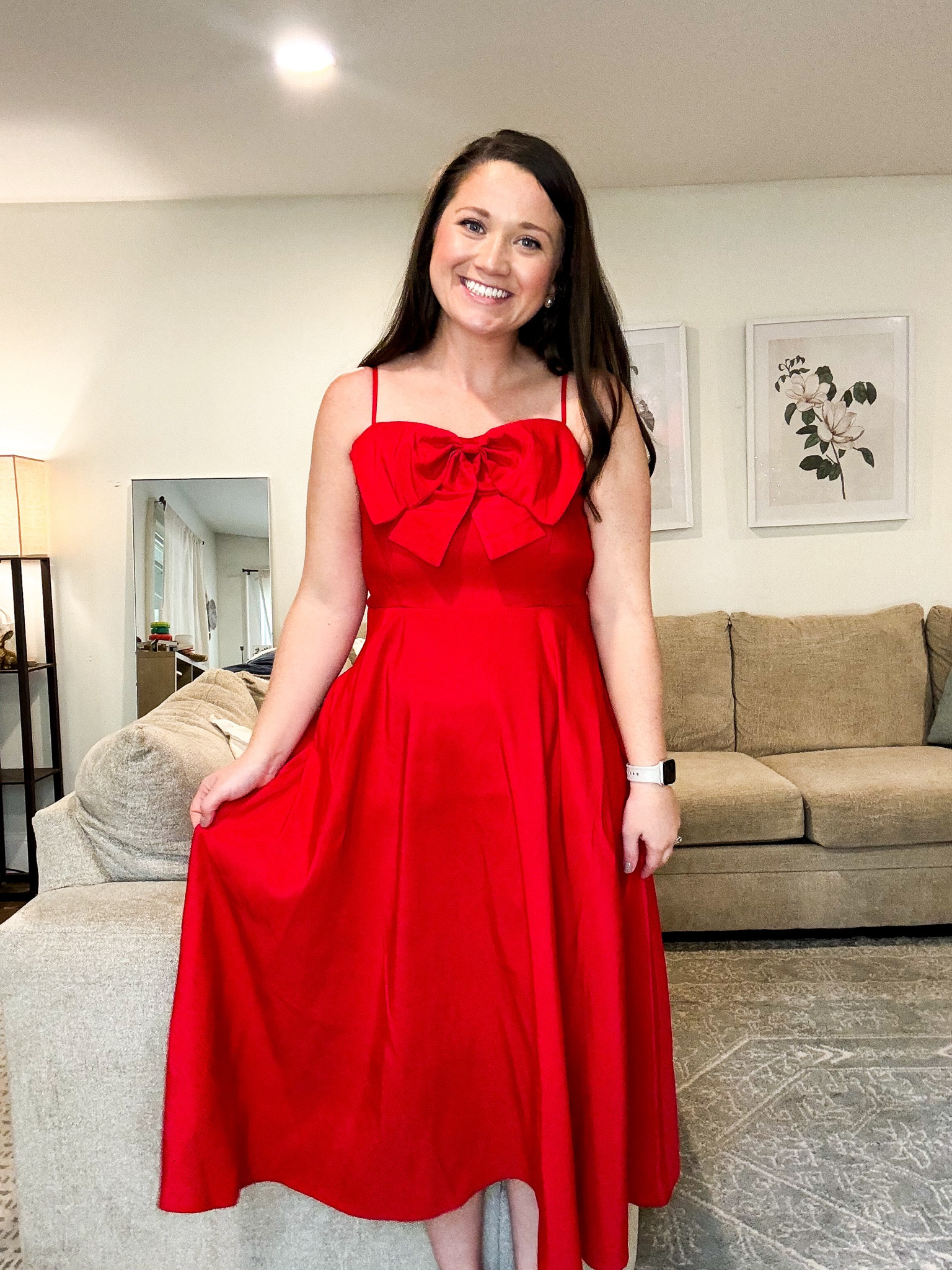 Red holiday dress. Bow dress. Midi dress. Christmas dress  