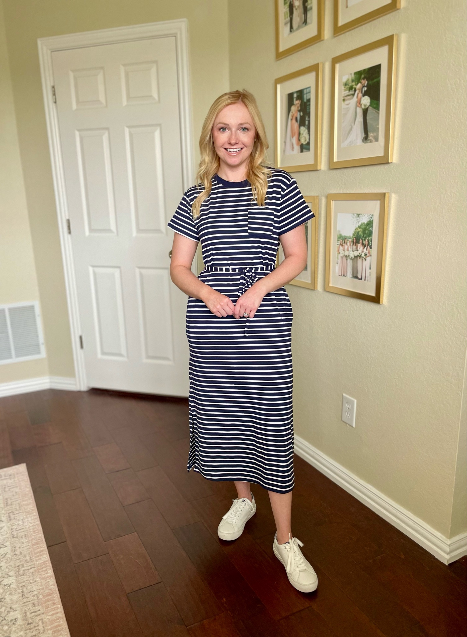 Wearing an XS | navy and white dress, spring dress, midi dress, tshirt dress, casual dress, coastal style, coastal grandmother 

#LTKstyletip #LTKSeasonal #LTKfindsunder50