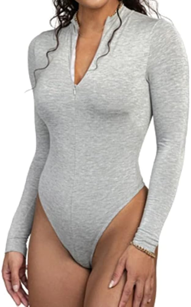 Women’s Long Sleeve Bodysuit Tops Turtleneck/V Neck Leotards Front Zip Basic Stretchy Bodysuit ... | Amazon (US)