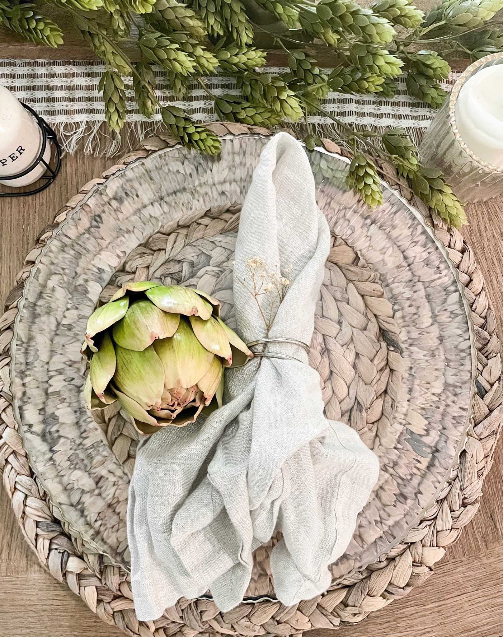 Summer tablescape
Artificial artichoke
Crate & barrel Linen napkin
Napkin rings
Silver and gold Turkish glass chargers 
Woven hyacinth white washed placemats

Follow my shop @EmilyRoneHome on the @shop.LTK app to shop this post and get my exclusive app-only content!

#liketkit #LTKSeasonal #LTKhome #LTKstyletip
@shop.ltk
https://liketk.it/3AL8h

#LTKstyletip #LTKhome #LTKSeasonal