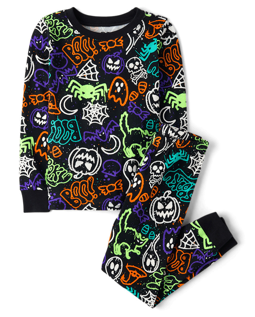 The Children's Place Kids Glow Halloween Graffiti Snug Fit Cotton Pajamas | Size 16 | Black | The Children's Place