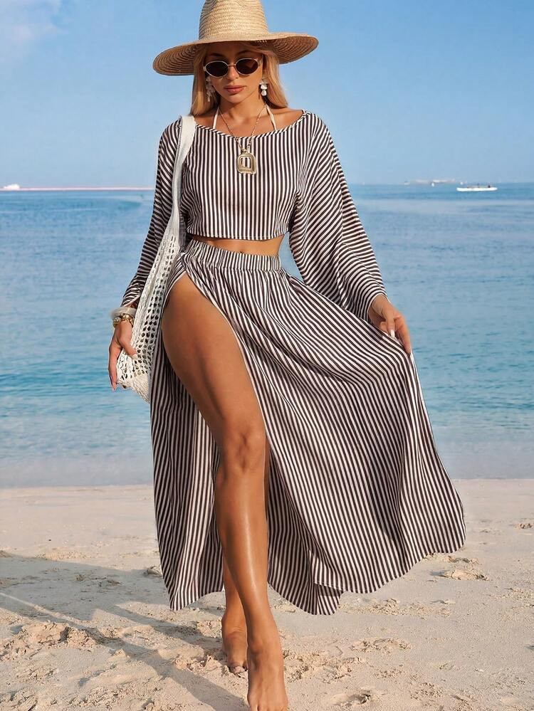 Swim Vcay Women's White Long Sleeve Split Casual Beach Cover Up Two Pieces Set | SHEIN