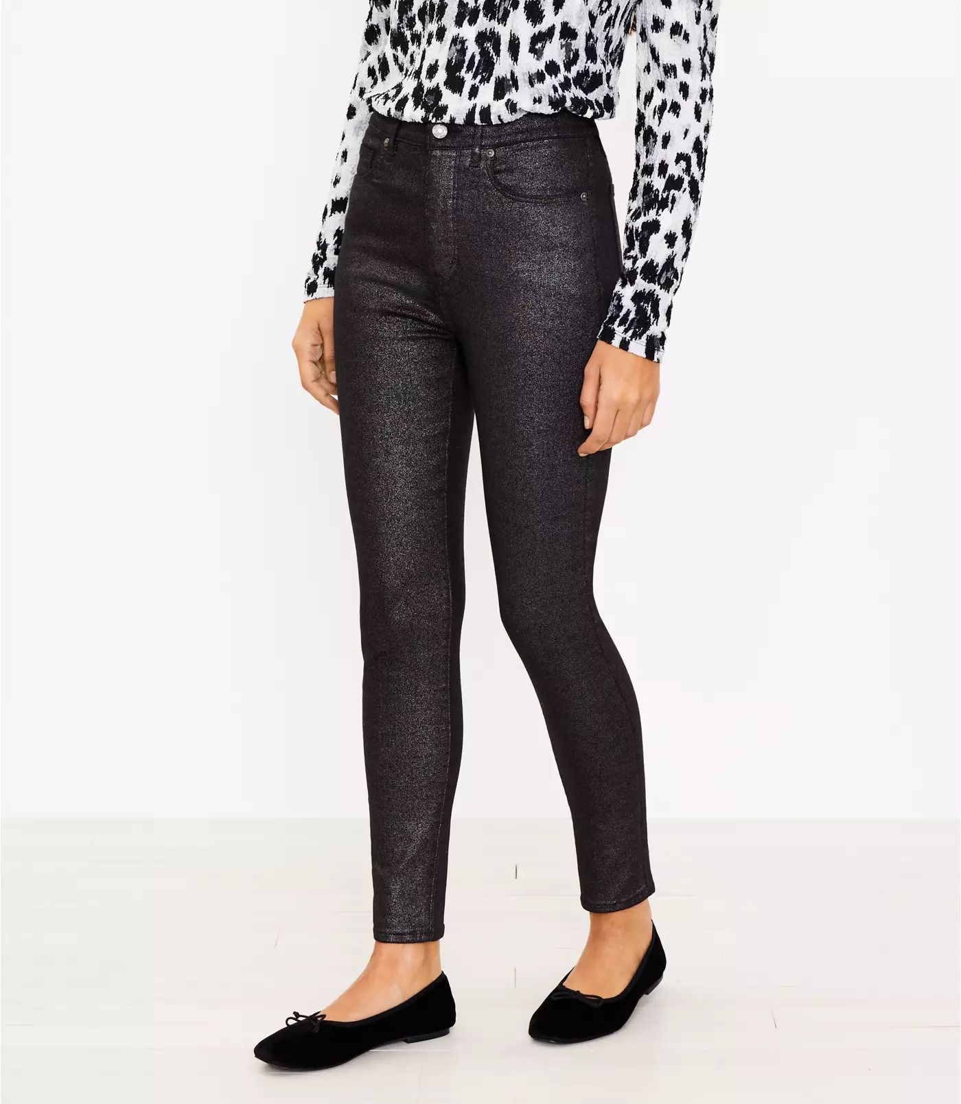 Shimmer High Rise Skinny Jeans in Black | LOFT | LOFT