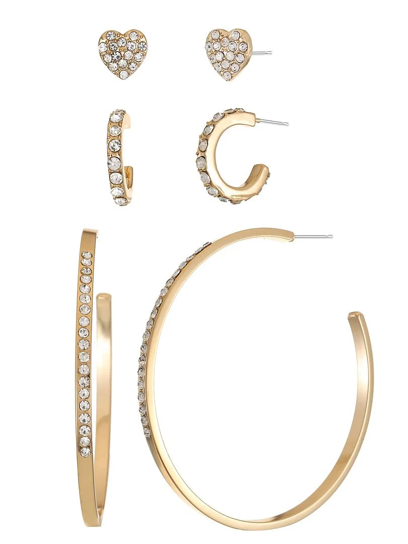 Time and Tru Women's Gold Tone Heart Motif Earring Set, 3 Pairs | Walmart (US)