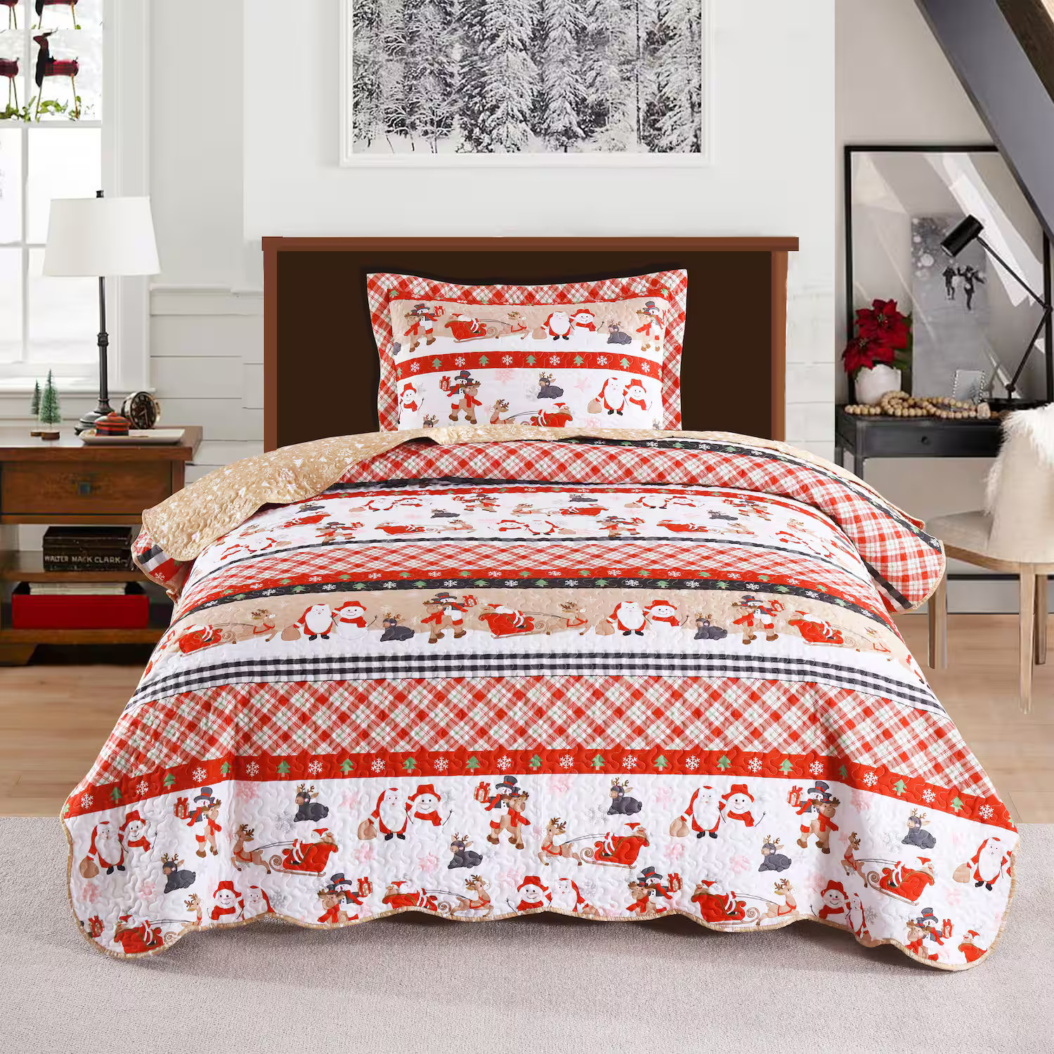MarCielo - 2/3 Pcs Christmas Quilt Bedspread Holiday Bedding Set - Red | Best Buy U.S.