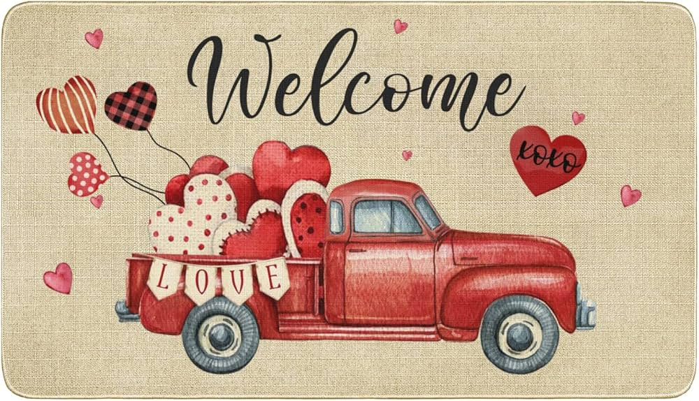 Valentines Day Door Mat,Valentines Hearts Truck Indoor Outdoor Non-Slip Valentine Doormat,Entrywa... | Amazon (US)