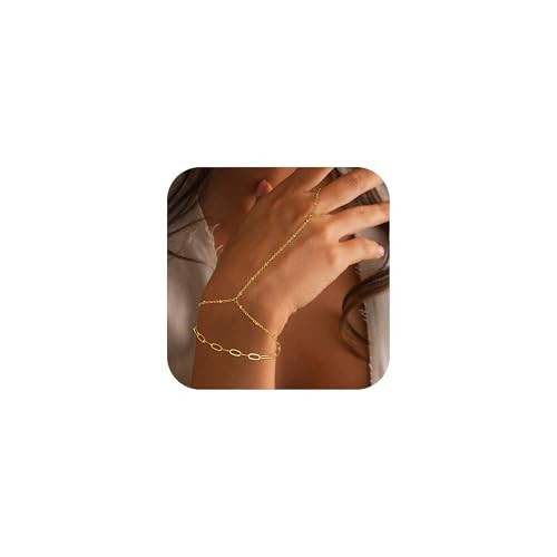 Decholly Hand Chain Bracelets for Women - 14K Real Gold Plated Dainty Stackable Paperclip Link Bracelets Hand Chain Bracelet Ring Gold Bracelets for Women Trendy | Amazon (US)