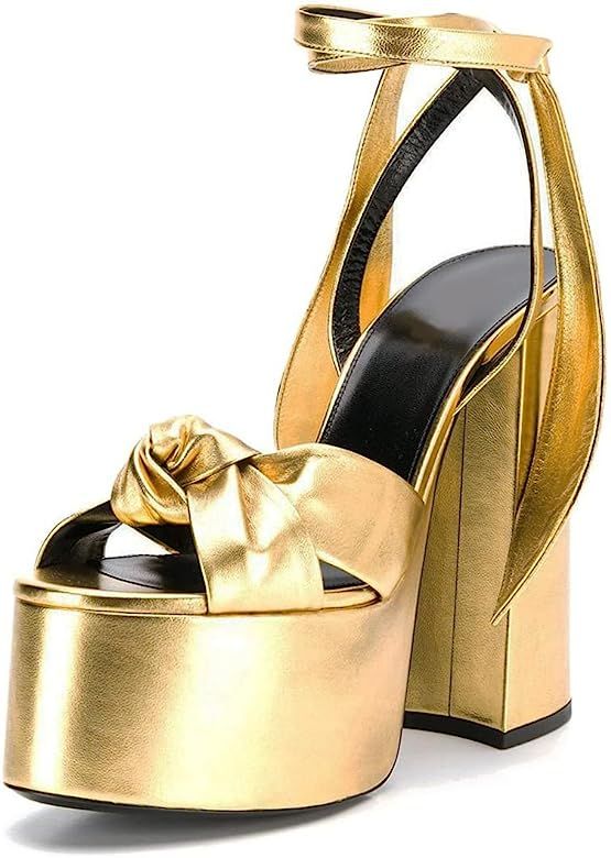 Goolita Metallic Lace Up Chunky Heel Platform Heels For Women Open Toe Slingback Ankle Strap Heel... | Amazon (US)