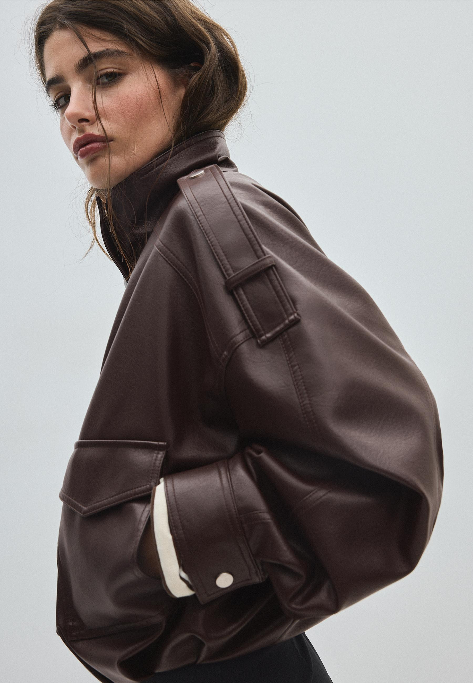 Stradivarius Oversized leather effect jacket  Brown XL | Stradivarius (UK)
