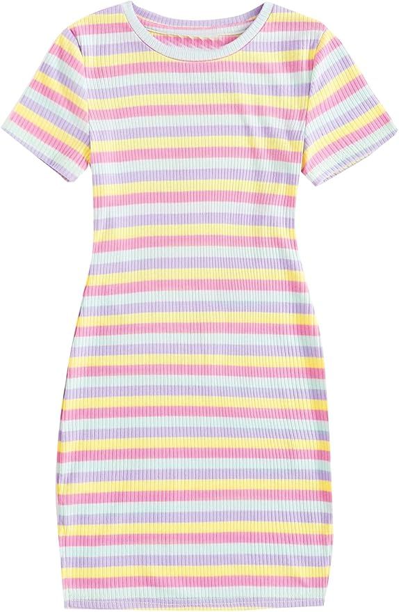 SOLY HUX Girl's Striped Short Sleeve Split Hem Ribbed Knit Bodycon Dress | Amazon (US)