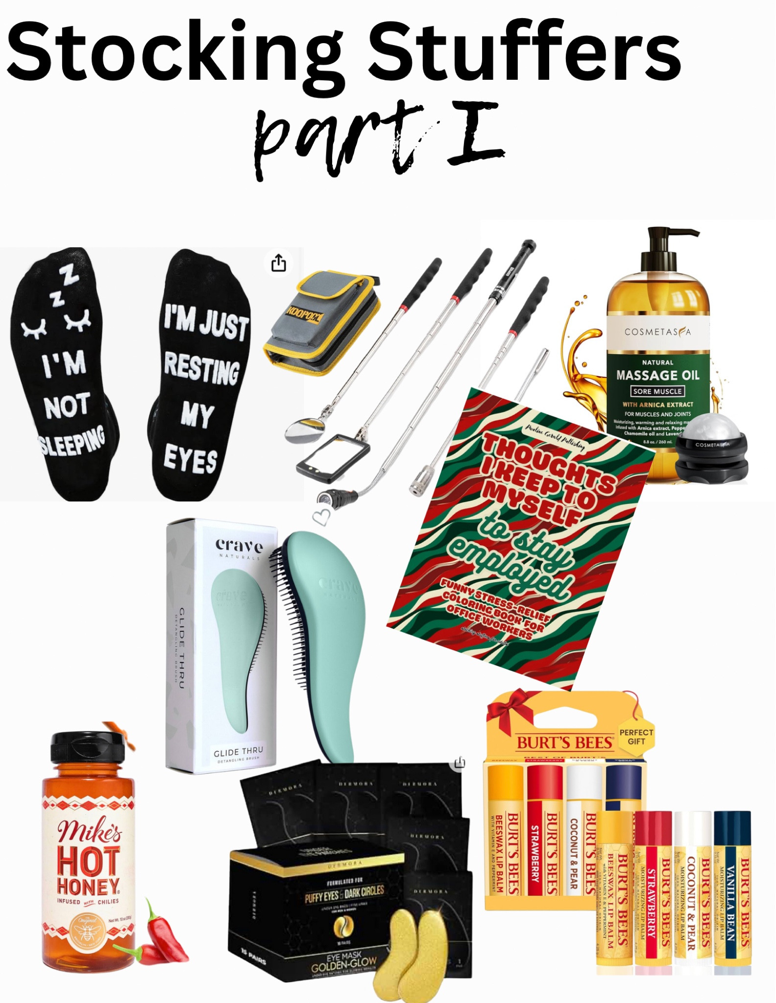 Amazon Stocking Stuffers 
Socks
Random
Hot honey
Multi tool
Brush 
Eye patch 
Everyone 
Massage oil
Book
Lip balm
Chapstick


#LTKfindsunder50 #LTKfamily #LTKGiftGuide