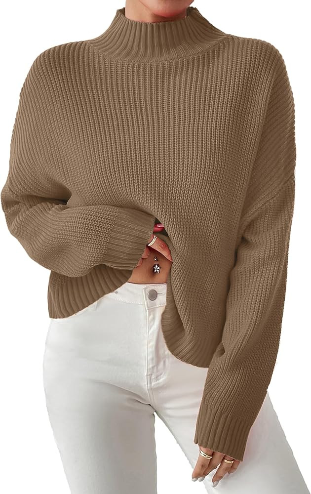 SunnyMelody Womens Cropped Mock Neck Sweater Fall 2025 Ribbed Knit Pullover Sweaters Jumper - Lig... | Amazon (US)