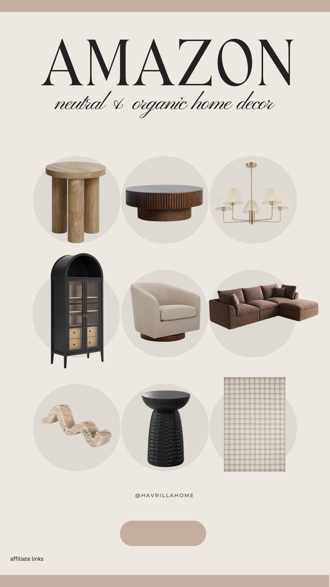 Amazon neutral organic home decor, organic modern furniture, wood accent table, fluted coffee table, brass chandelier lighting, black display cabinet, cream swivel chair, brown sectional sofa, textured area rug, sculptural decor accents, modern pedestal side table, earthy living room decor, minimalist neutral styling, amazon furniture finds 

 

#LTKHome