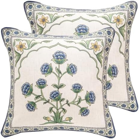 patdrea Designer Throw Pillow Covers Set of 2,Blue Euro Elegant Linen with Blooming Floral Patter... | Amazon (US)