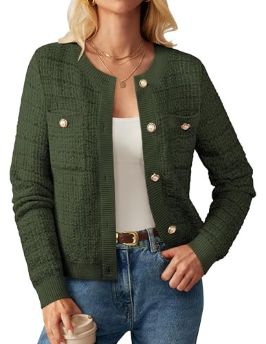 Long Sleeve Cardigan for Women Round Neck Button Down Sweaters Classic Knitted Sweater with Pockets Olive Green | Amazon (US)