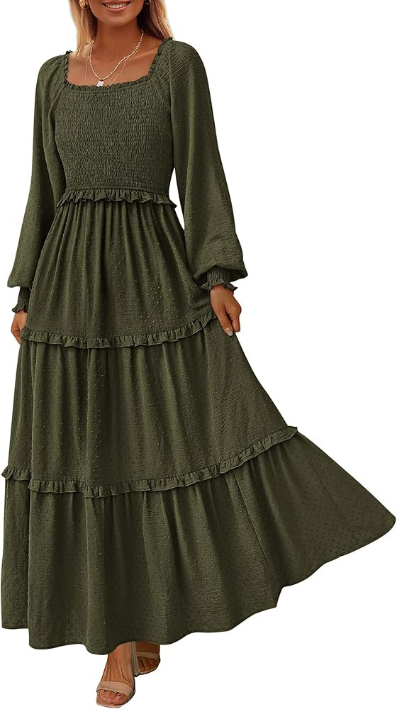 PRETTYGARDEN Fall Dresses for Women 2025 Long Sleeve Smocked Square Neck Swiss Dot Tiered Flowy W... | Amazon (US)