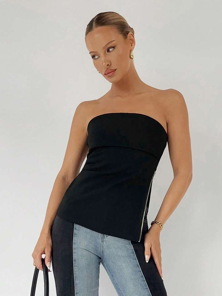 SHEIN BIZwear Top Sin Tirantes Negro Sólido Con Cremallera Lateral Para Mujer, Con Abertura Late... | SHEIN