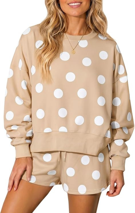 Fisoew Womens Polka Dot 2 Piece Outfits Casual Oversized Long Sleeve Sweatshirts Shorts Set Track... | Amazon (US)