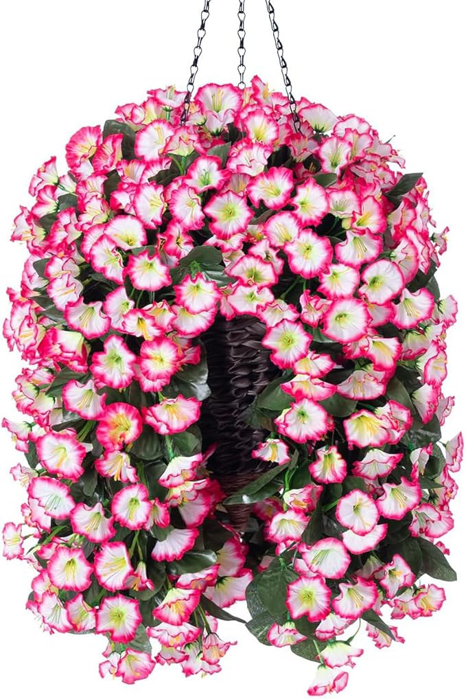 Artificial Hanging Flowers in Basket Fake Plant for Outside, Silk Pink Morning Glory Flower Arran... | Amazon (US)