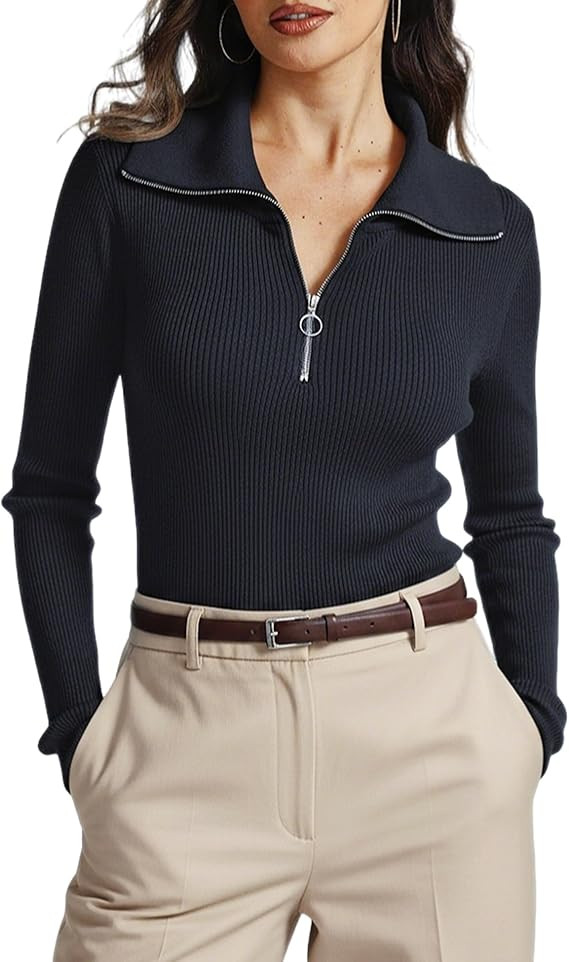Prettywear Women's Quarter Zip Pullover Sweaters 2024 Long Sleeve Collared Slim Fit Ribbed Knit B... | Amazon (US)