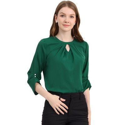INSPIRE CHIC Women's Work Office Keyhole Pleated Front Ruched 3/4 Sleeve Chiffon Blouse Green Small | Target