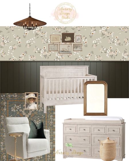Moody nursery inspiration, gray crib, green rug, woven light, nursery mirror 

#LTKhome #LTKbump #LTKbaby