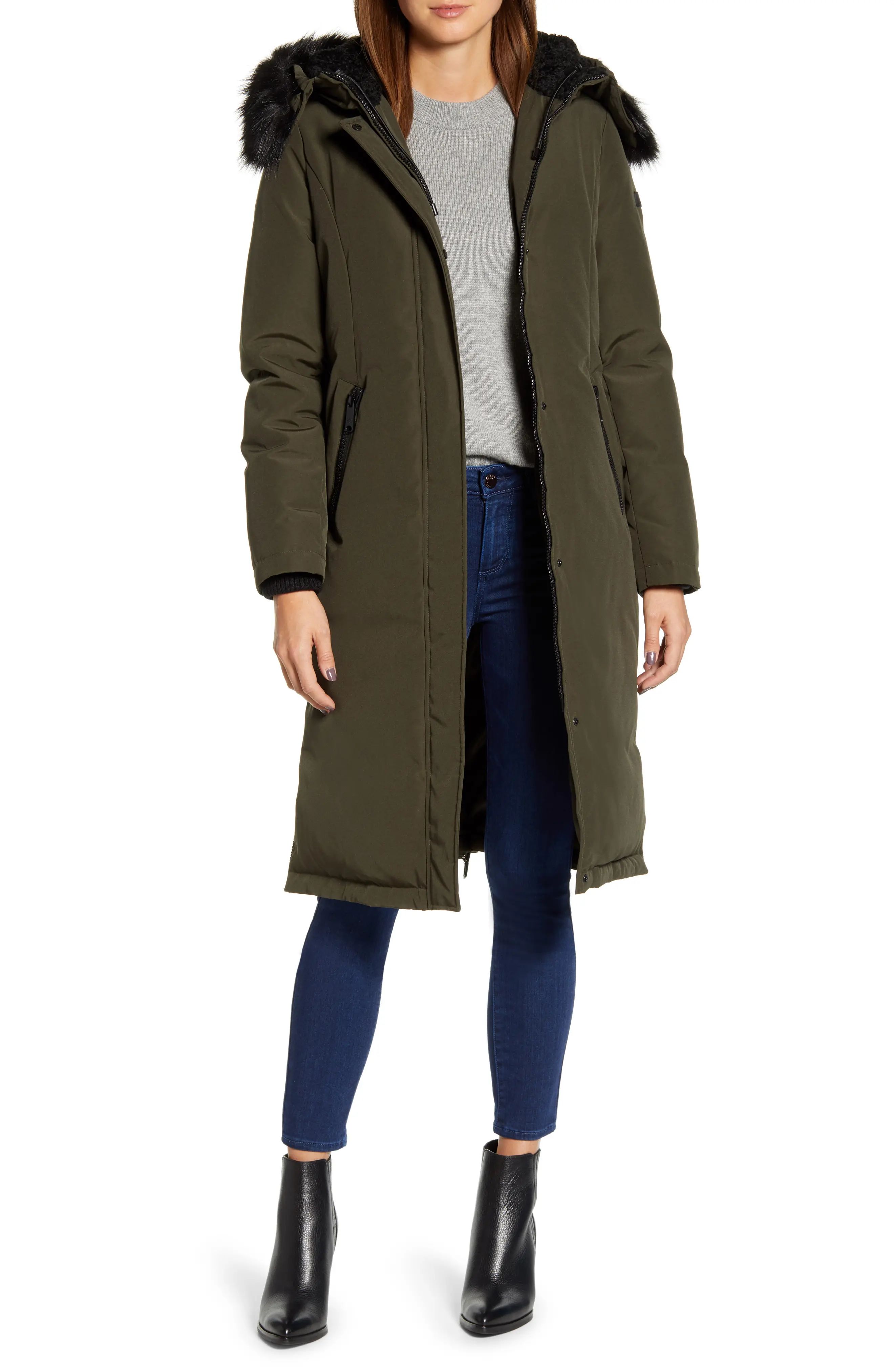 Women's Sam Edelman Water Resistant Long Parka With Faux Fur Trim, Size X-Small - Green | Nordstrom