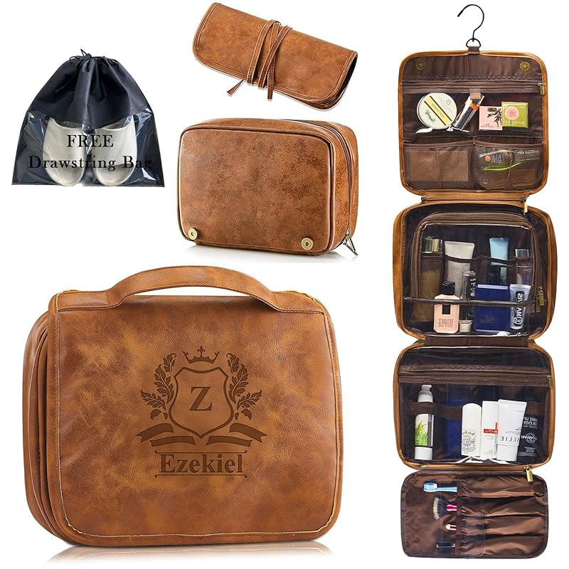 3-in-1 Large Personalized PU Leather Toiletry Bag For Men, Custom Groomsmen Gifts Hanging Travel ... | Amazon (US)