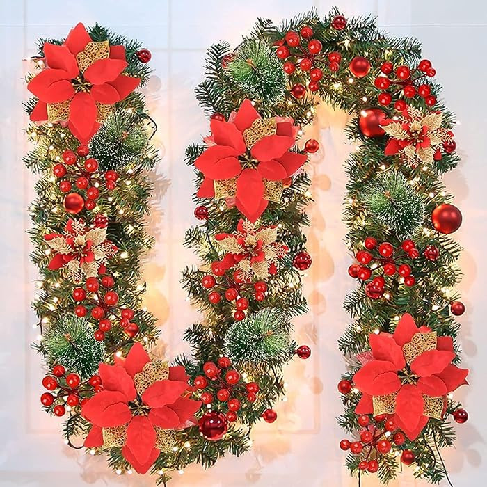 Christmas Garland,Christmas Garland with Lights,Christmas Decoration,9 ft Rattan Artificial Flowe... | Amazon (US)