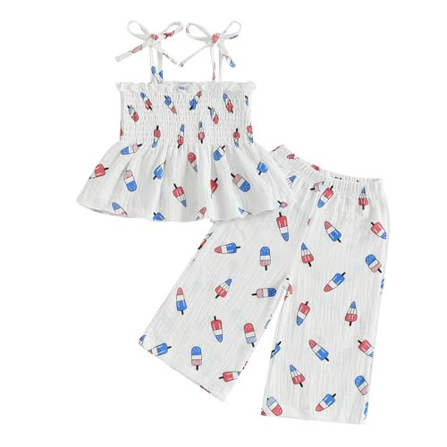 VISGOGO 4th of July Toddler Girl Outfits Smocked Strap Camisole Sleeveless Tops Pants Set Stars/Popsicle Baby Girl Clothes (Ice Cream, 18-24 Months) | Amazon (US)