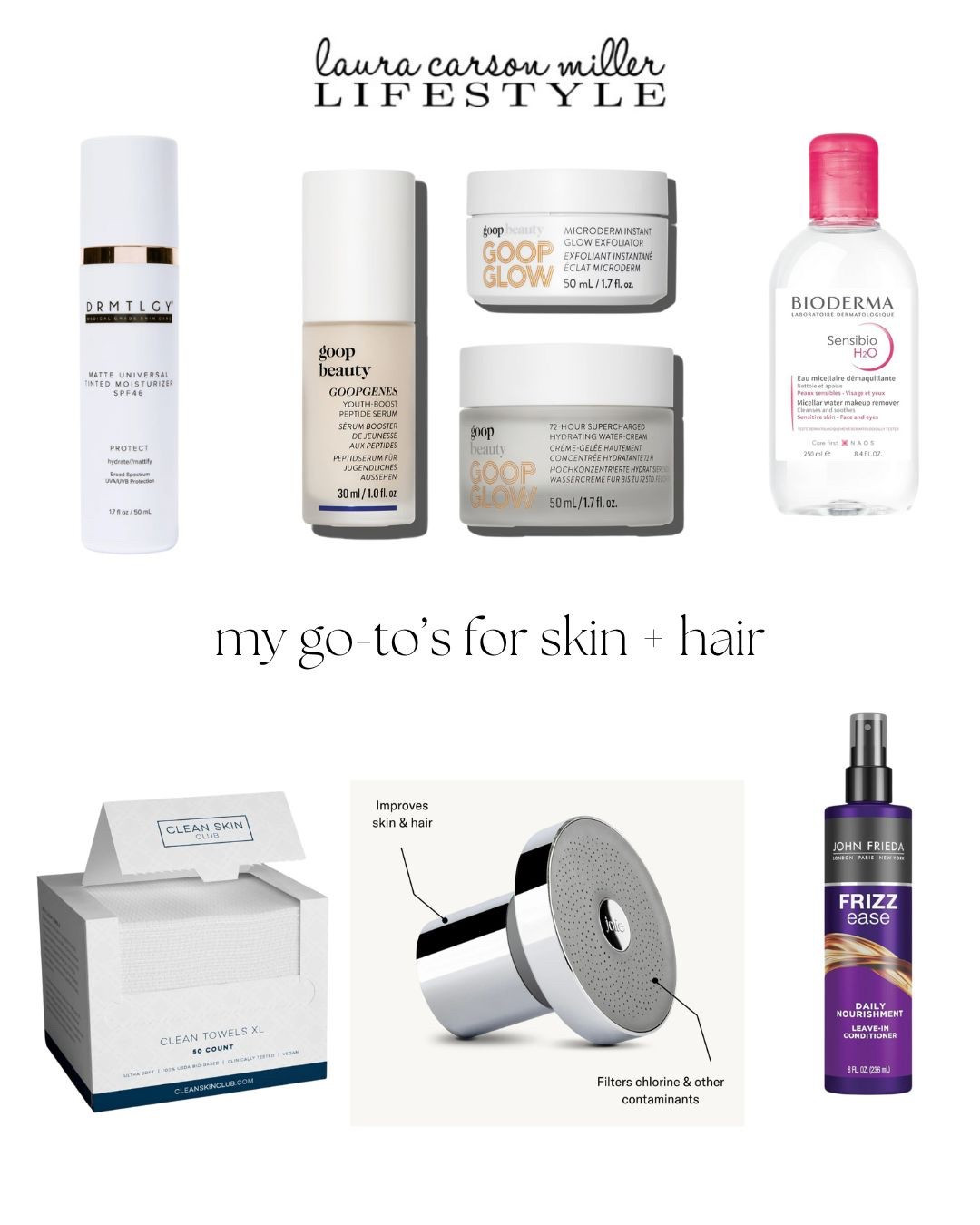 I love all of these products! I used to get milia, those little white bumps under the skin, until I started incorporating my own version of the double cleanse. For me this involves using micellar water to remove my tinted SPF and blush, then using a creamy cleanser and using these skin towels to dry my face every single time! These two steps combined with the goop skin care trio shown here have truly made such a difference in my skin! The other big change for me recently is I no longer use conditioner in the shower. I shampoo and use this spray leave in conditioner before I blow dry. I actually spray the product into my hands and I apply it about half way down the lengths of my hair all over. (I’m not looking to combat frizz but this protects from any heat tools you might use, detangles and brings out glorious shine without weighing my fine, thick hair down!) I then use a wide tooth comb and do other things for a few minutes while it soaks in. Then I use my Dyson blow dryer. Last summer I got one of these shower filters and it has made quite an impact on my hair and skin..there is so much junk in most municipalities water supply’s and it’s taking a toll on your skin and hair. Once you see and feel the difference with this easy to install shower head you’ll wonder how you lived without it for so long!
Laura Carson Miller, filter shower head, tinted SPF moisturizer, leave in conditioner, Micellar water, clean skin towels, peptide serum, water cream, microdermabrasion, skin care products, hair care products, beauty treatments, beauty tips, beauty expert, lifestyle guide 

#LTKBeauty #LTKStyleTip