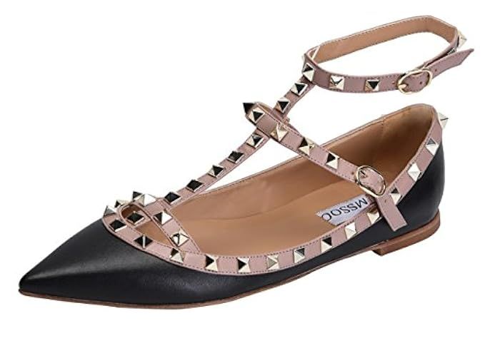 CAMSSOO Women's Metal Studs Strappy Buckle Pointy Toe Flats Comfortable Dress Pumps Shoes | Amazon (US)