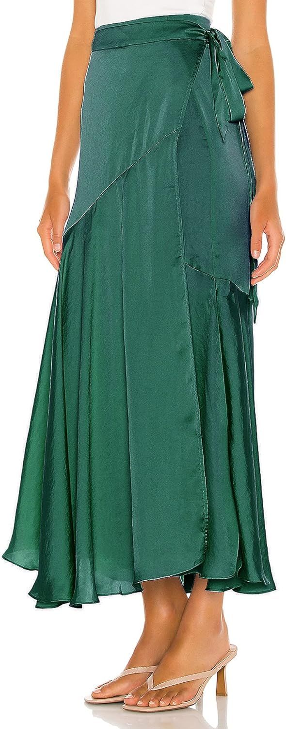 R.Vivimos Women's Satin Skirt High Waist Split Side Sexy Party Wrap Tie Waist Flowy Maxi Skirt | Amazon (US)
