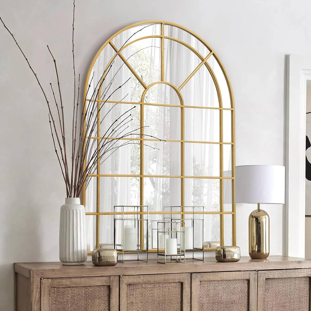 Large Arched Window Pane Mirror, 30" x 42" Inches Gold Tall Arch Farmhouse Arched Wall Mirror, De... | Amazon (US)